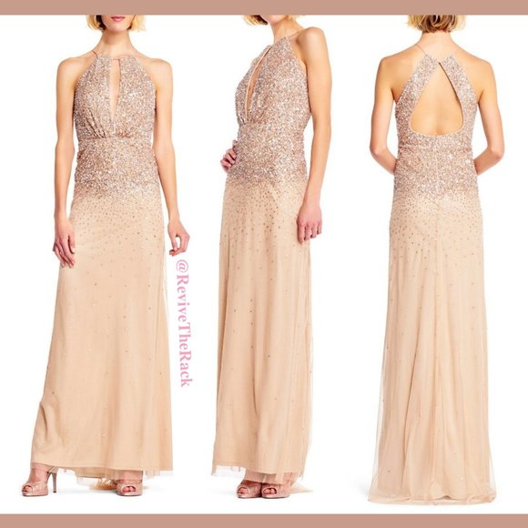 NWT Adrianna Papell Beaded Halter KeyHole Back Gown in Champagne‎ [SZ 2 ] - Picture 1 of 8